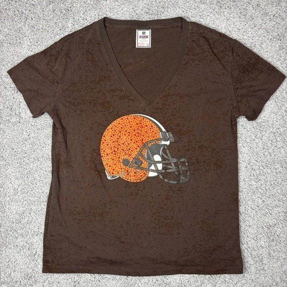 Cleveland Browns Shirt Womens Medium Vneck Tee Football Helmet NFL Burnout Party - Picture 1 of 5
